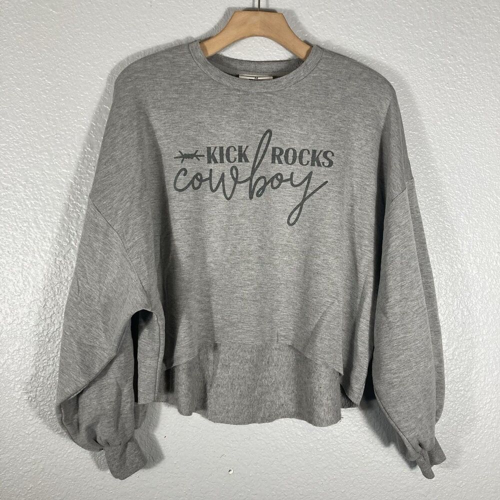 Graphic Western Sweatshirt Kick Rocks Cowboy Oversized Cropped Womens XS Raw Hem - Picture 2 of 9